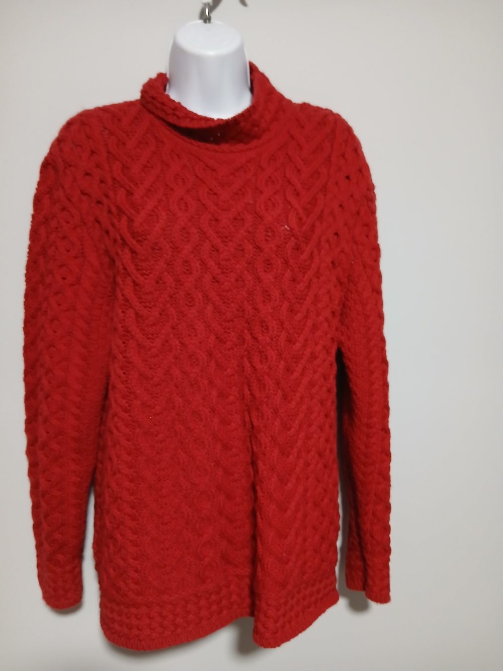 Women’s Red Cable Turtleneck Sweater 100% Merino Wool Irish